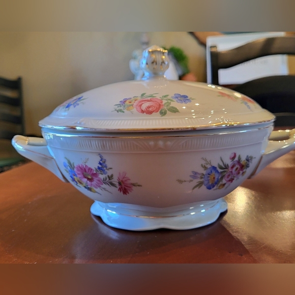 VTG Zeh Scherzer Lg Round Covered Dish Footed 2 Handled Gold Floral Balvarian - Picture 2 of 13